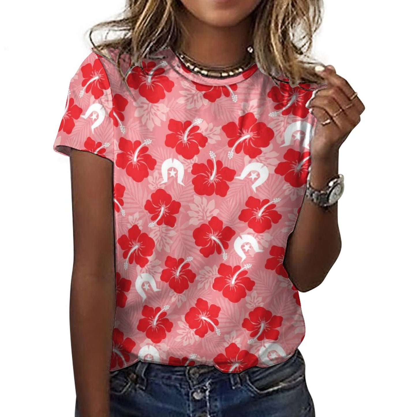 Hibiscus flowers with Dhari (Royal Pink) on Cotton Summer Short Sleeve T-Shirts for Women