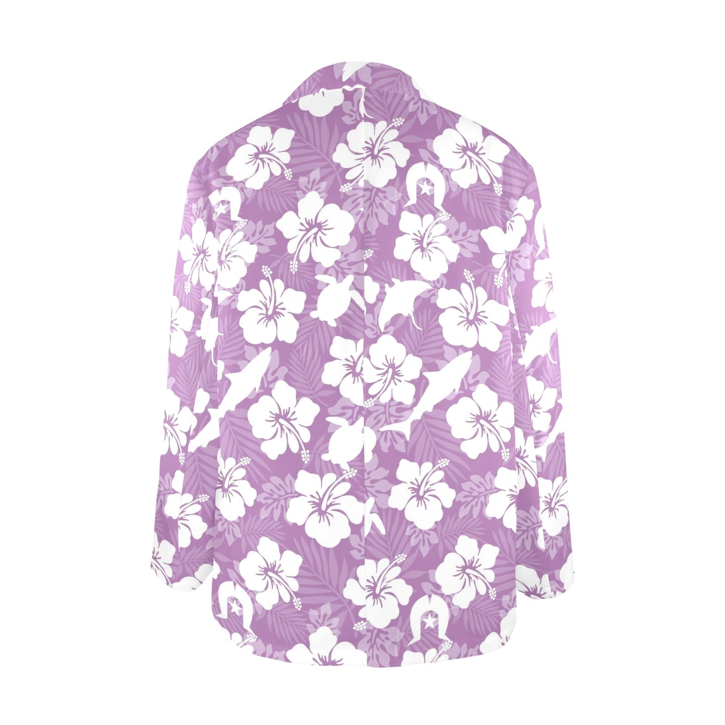 White hibiscus flowers with Dhari, Shark, turtle, and stingray (Purple) Women's Blazer