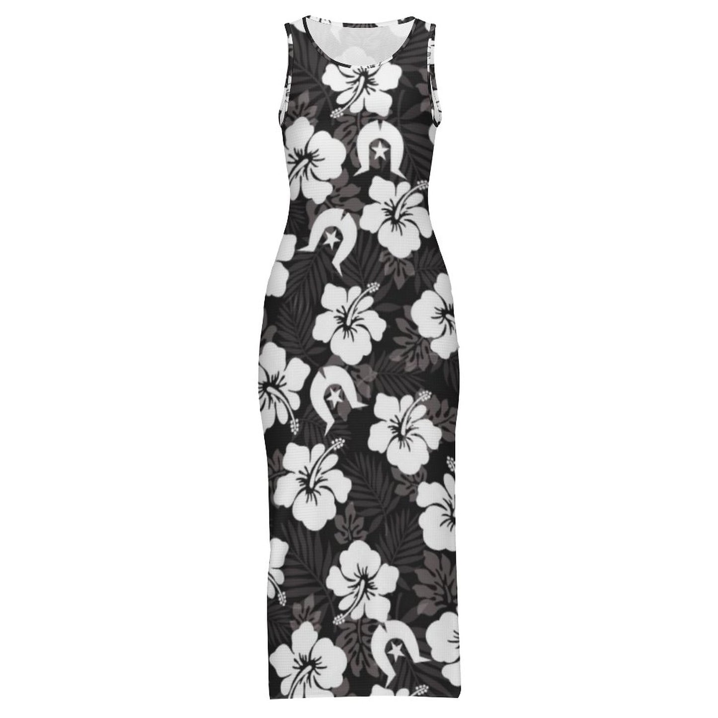 White Hibiscus and Dhari (Black) on 180gsm Slit Fitted Camisole Cheongsam