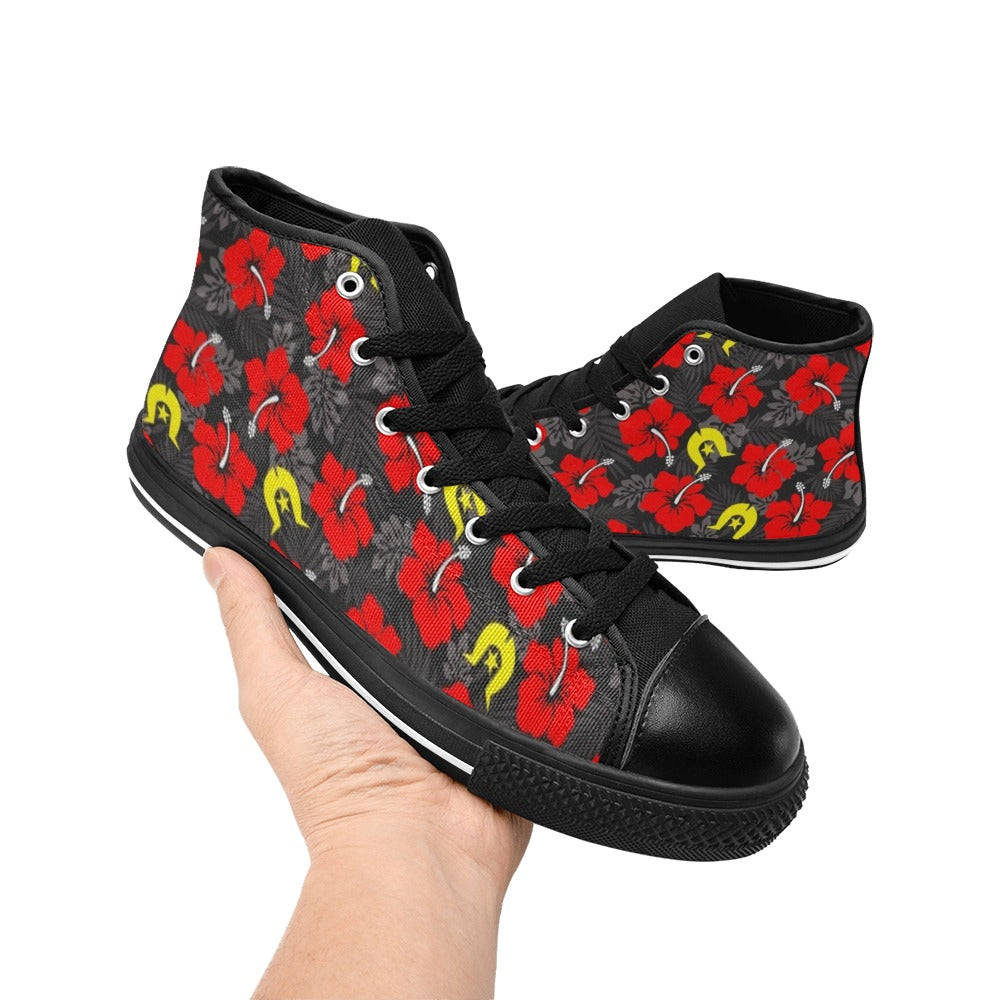 Royal Red Hibiscus with Yellow Dhari on Women's High Top Canvas Shoes
