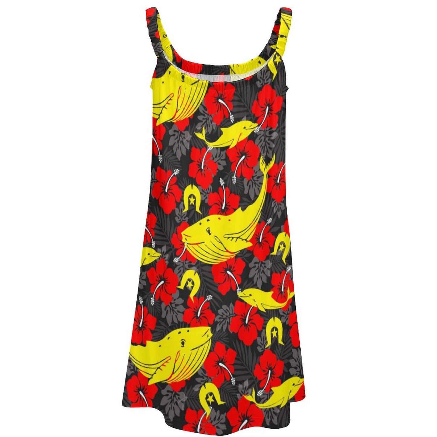 Royal Red Hibiscus with Yellow Dhari, Whale and Dolphin on Sleeveless Dress