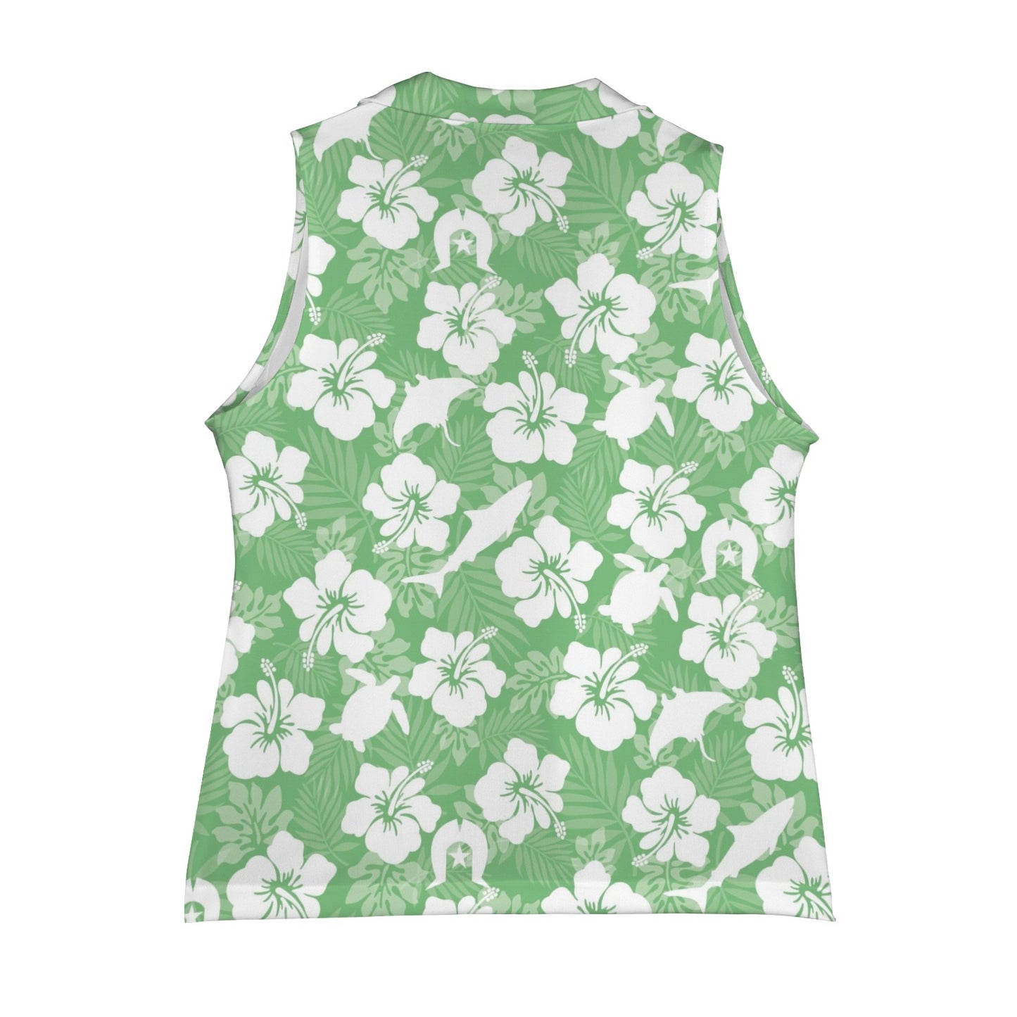 White hibiscus flowers with Dhari, Shark, turtle, and stingray (Green) on Women Sleeveless Suit Vest