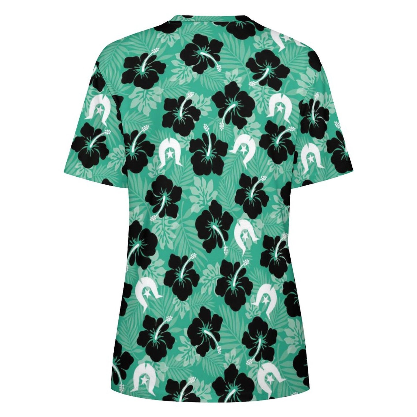 Black Hibiscus with White Dhari on Cotton Summer Short Sleeve T-Shirts for Women
