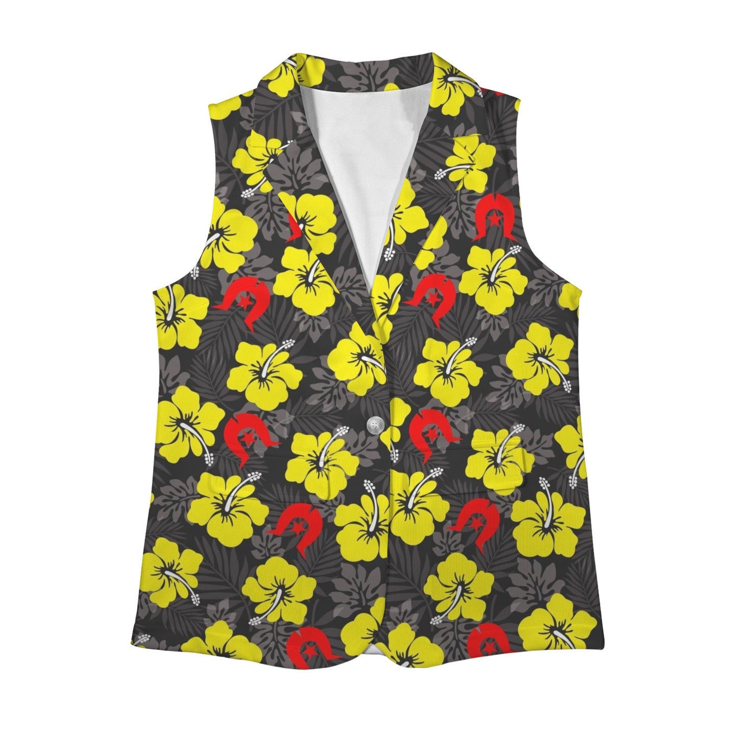 Royal yellow Hibiscus with Red Dhari on Women Sleeveless Suit Vest
