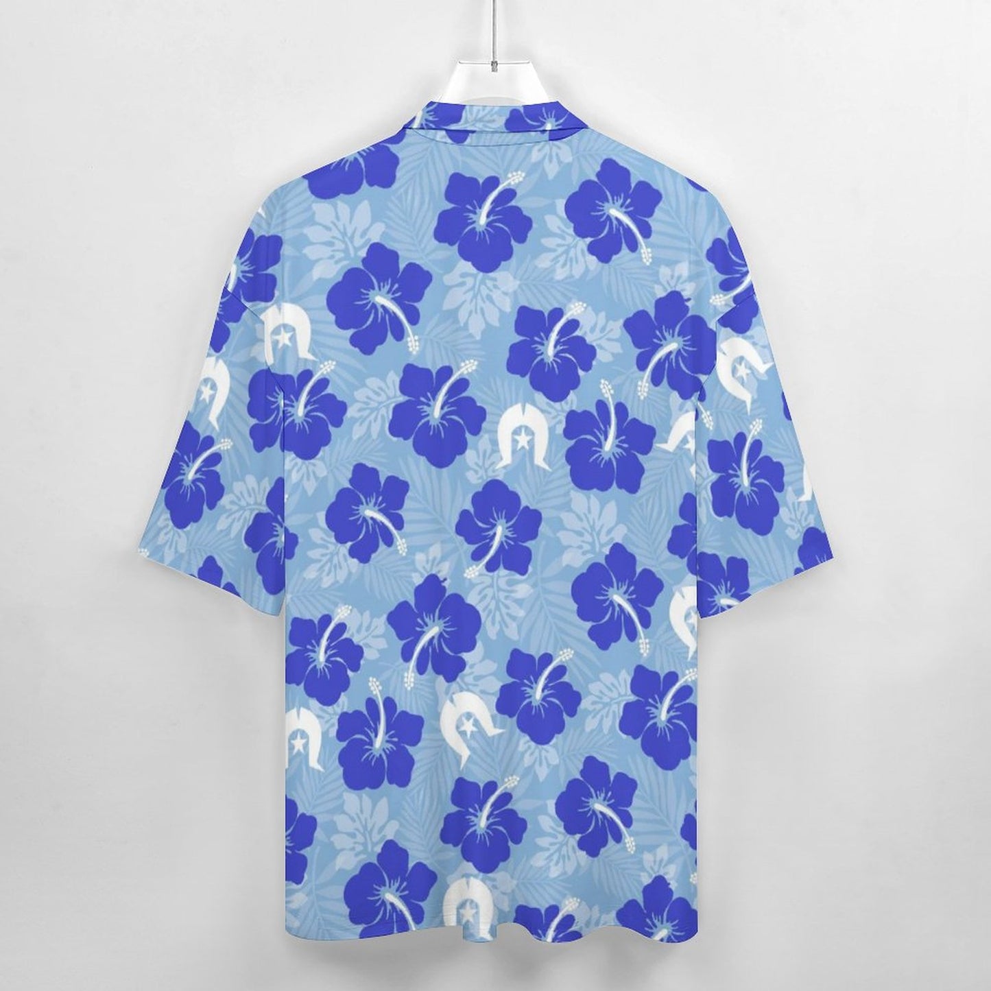 Hibiscus flowers with White Dhari (Sky blue) on Cotton Men's Cuban Collar Short-Sleeve Shirt