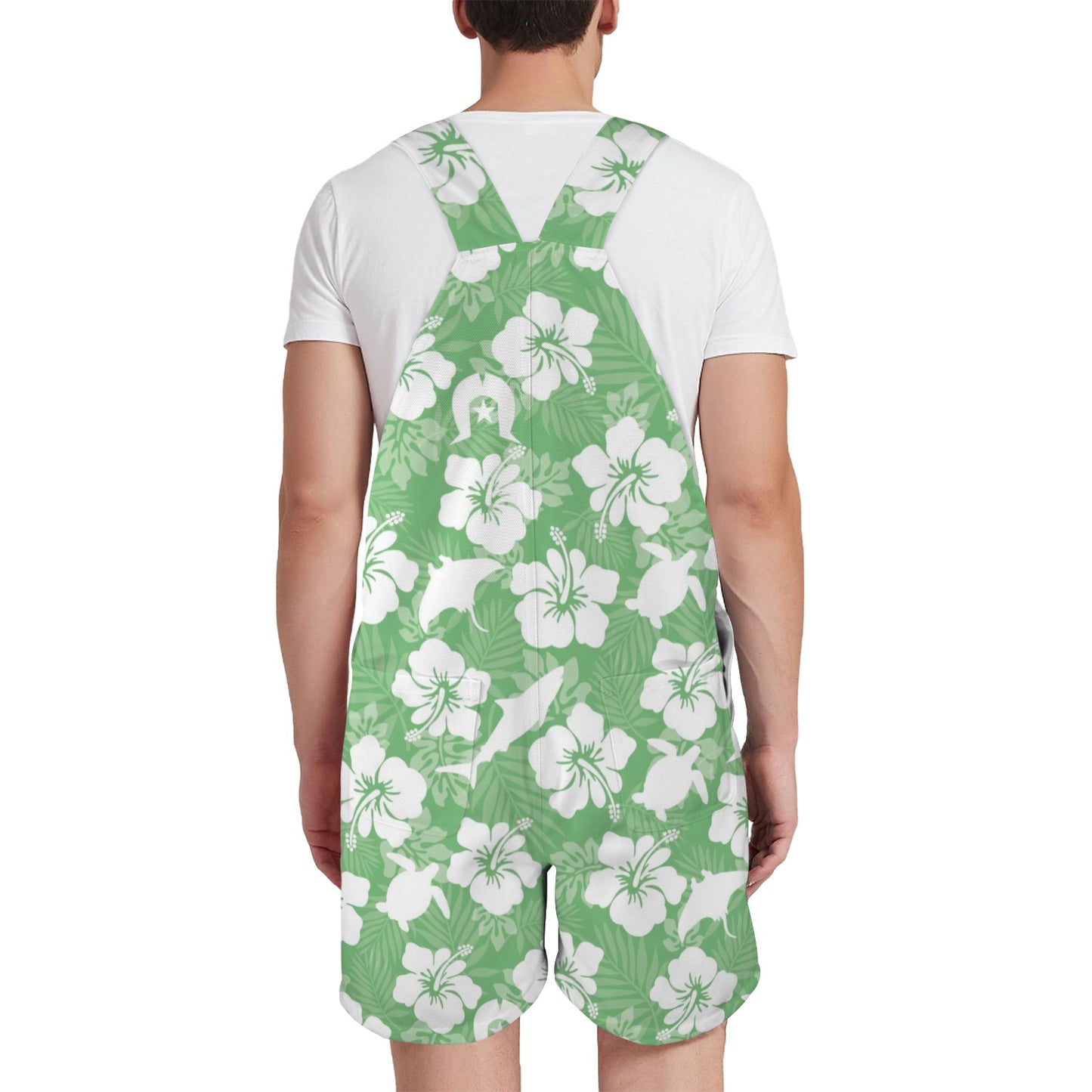 White hibiscus flowers with Dhari, Shark, turtle, and stingray (Green) on Unisex Suspender Jumpsuit