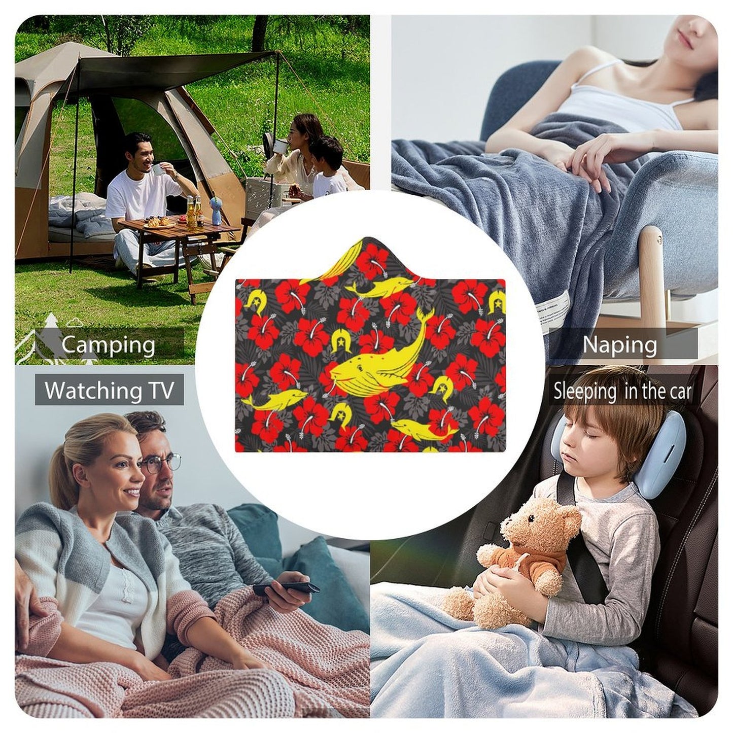 Royal Red Hibiscus with Yellow Dhari, Whale and Dolphin on Cloak Hooded Blanket 40"×50"