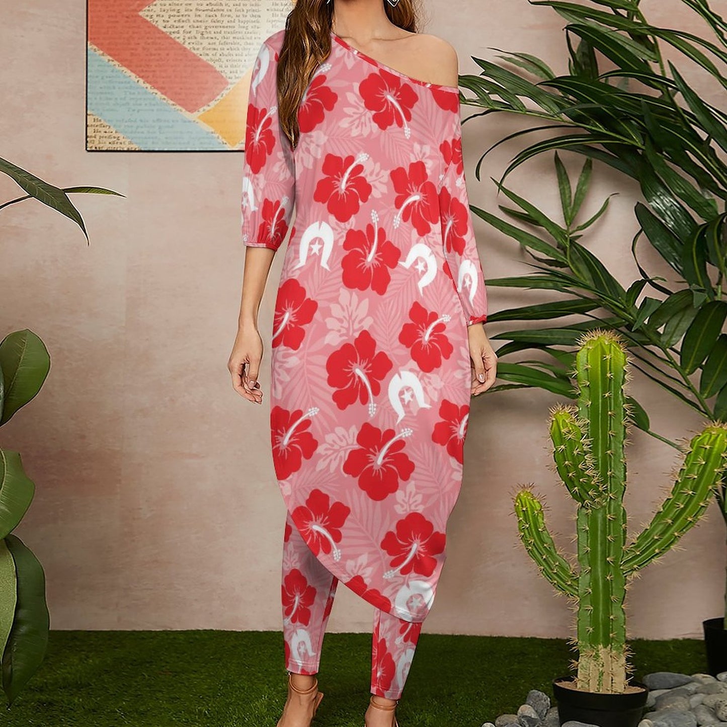 Hibiscus flowers with Dhari (Royal Pink) on Diagonal Shoulder Two Piece Set