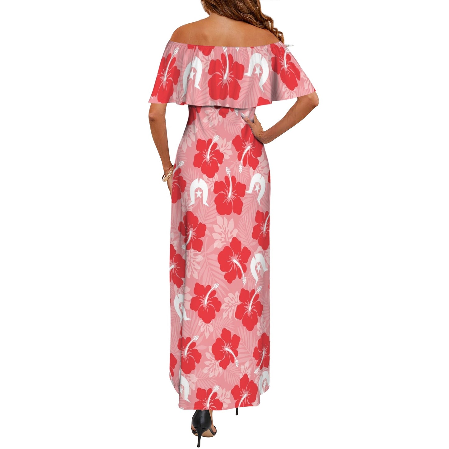 Hibiscus flowers with Dhari (Royal Pink) on Women's Off Shoulder Ruffle Boat Neck Dress