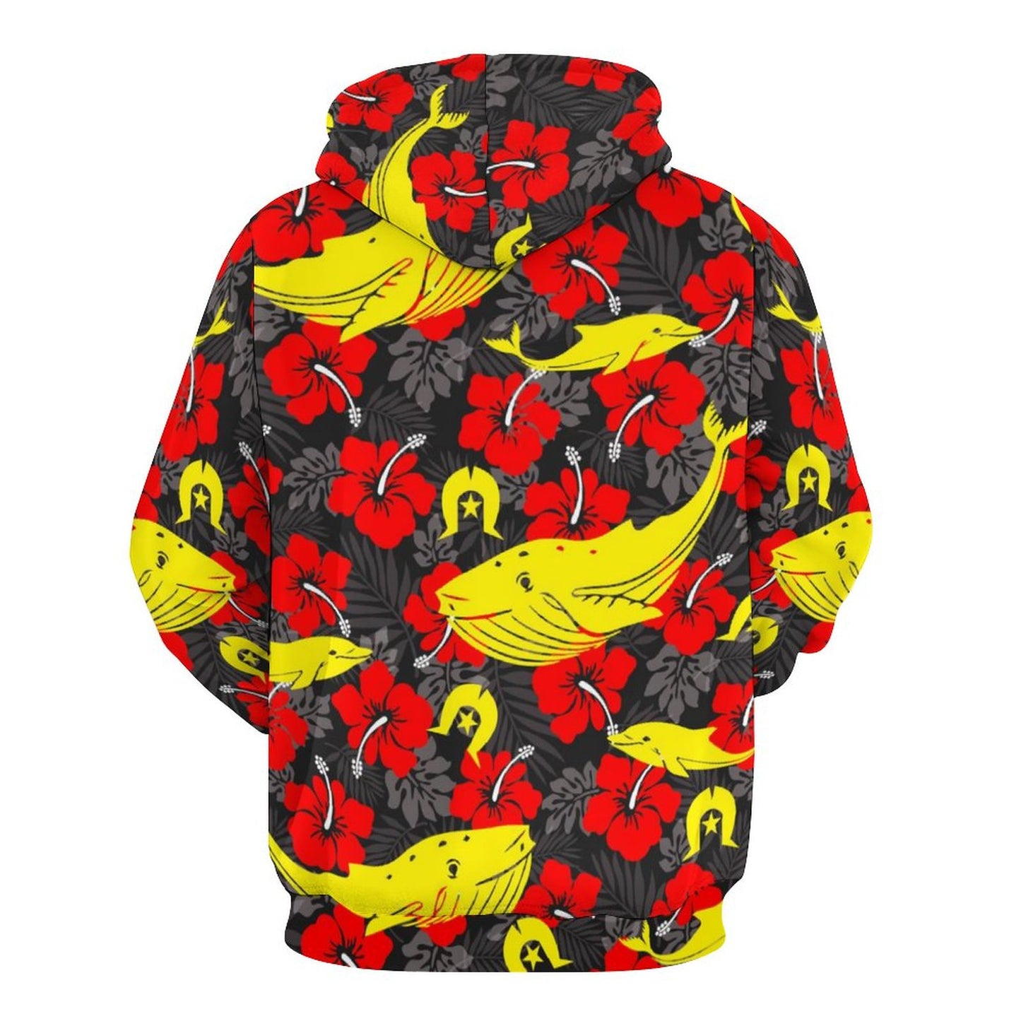 Royal Red Hibiscus with Yellow Dhari, Whale and Dolphin on Lady Hoodie with Double-layer Cap