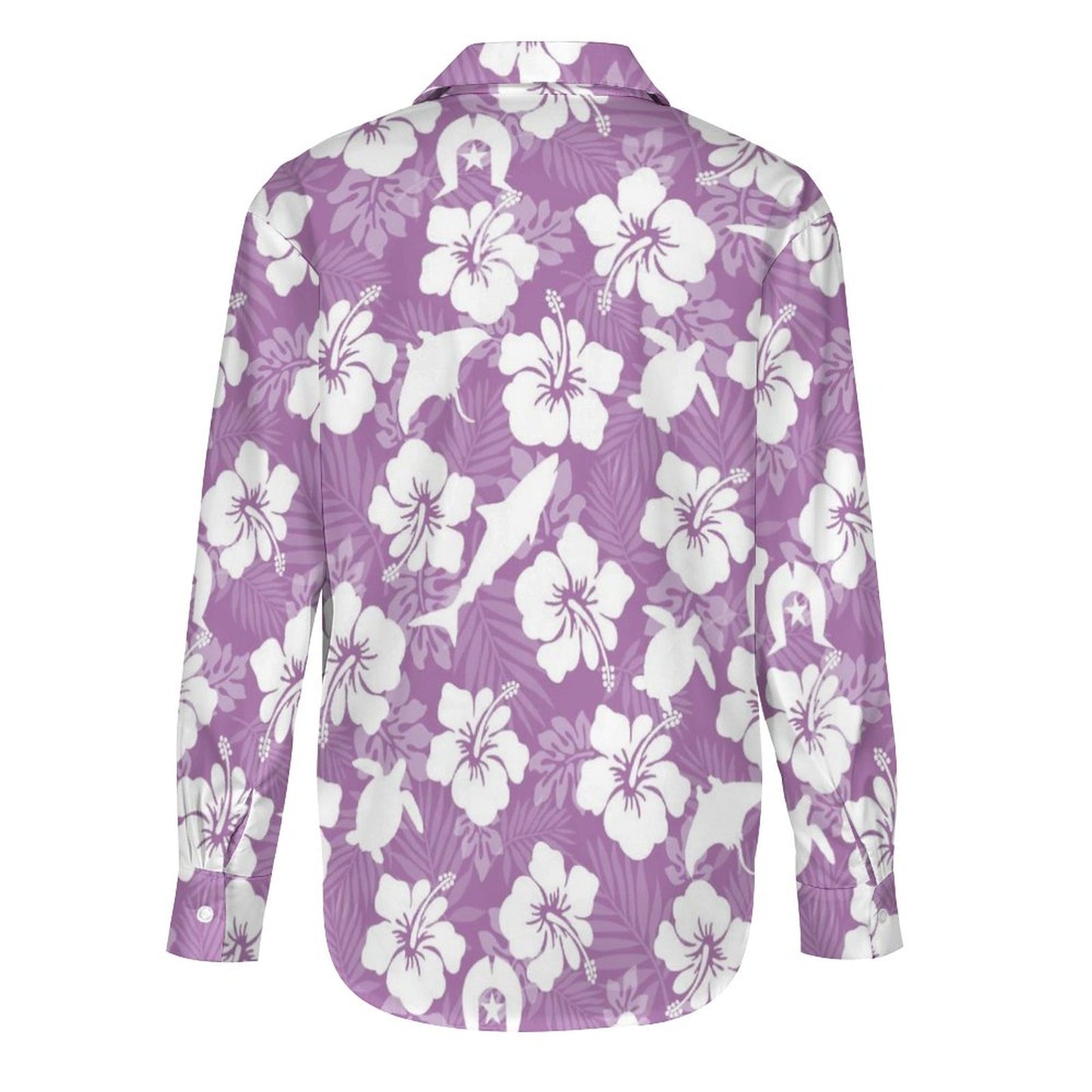 White hibiscus flowers with Dhari, Shark, turtle, and stingray (Purple) on Women's Flower Blouse Long Sleeve