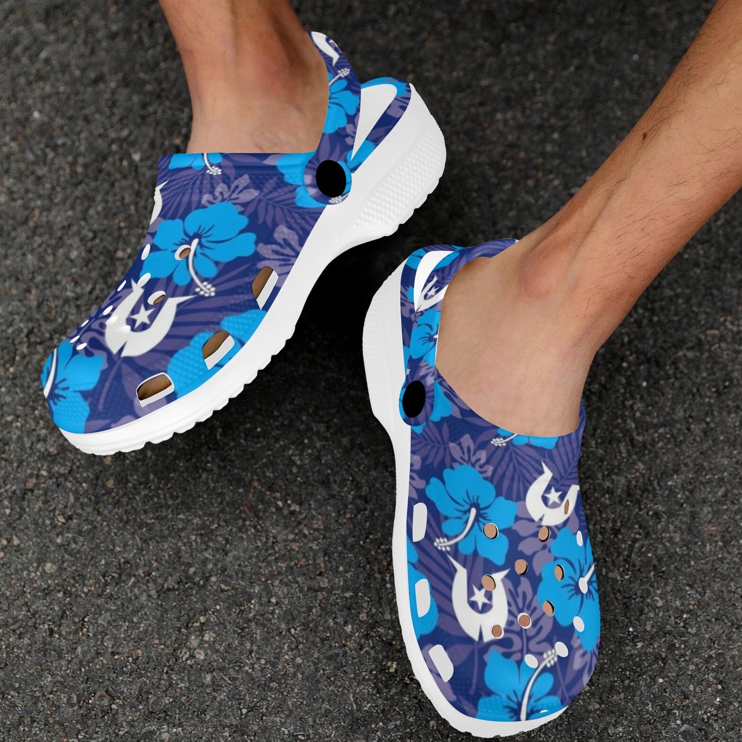 Hibiscus flowers with White Dhari (Royal blue) on Adults Clogs