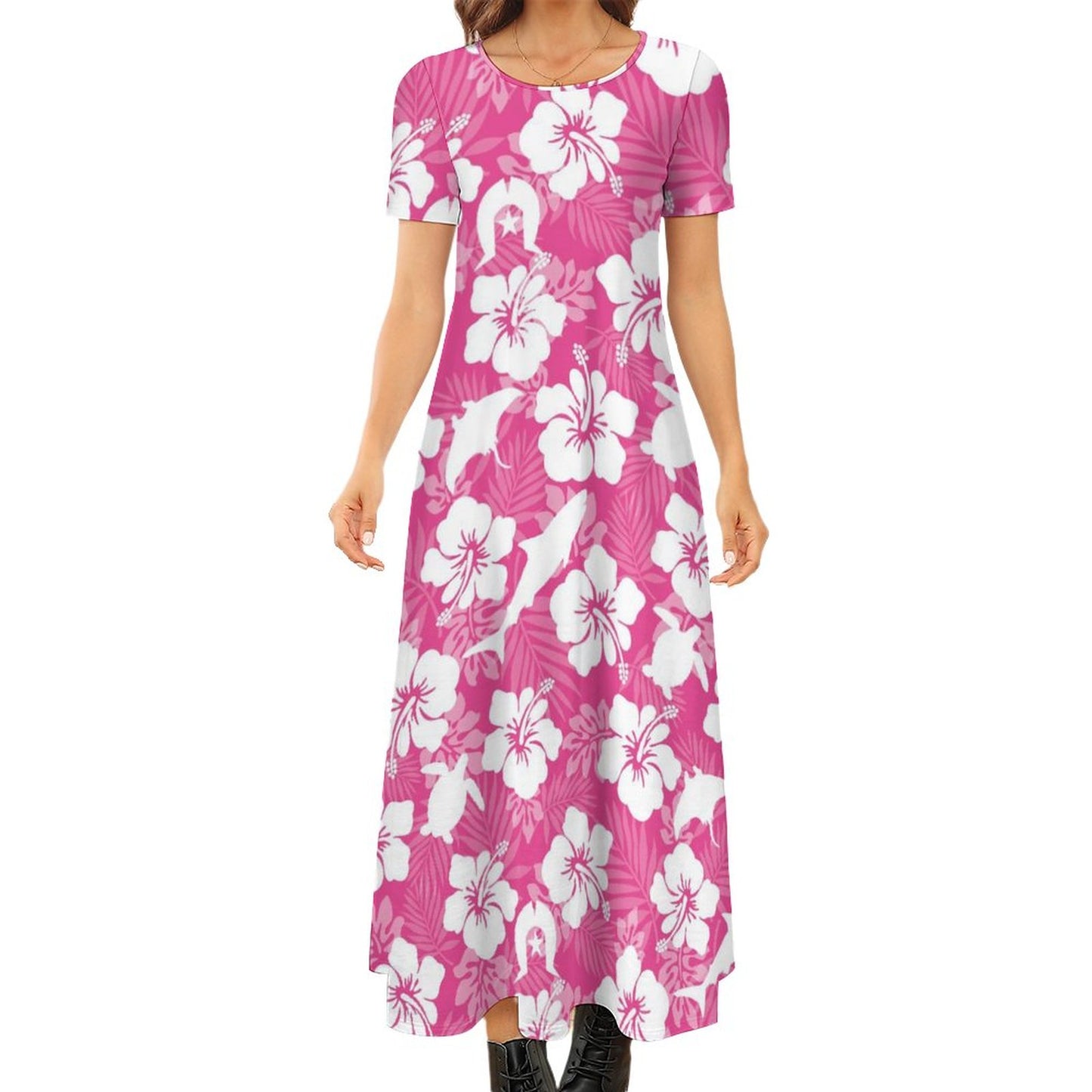 White hibiscus flowers with Dhari, Shark, turtle, and stingray (Pink) on Round Neck Short Sleeve Dress