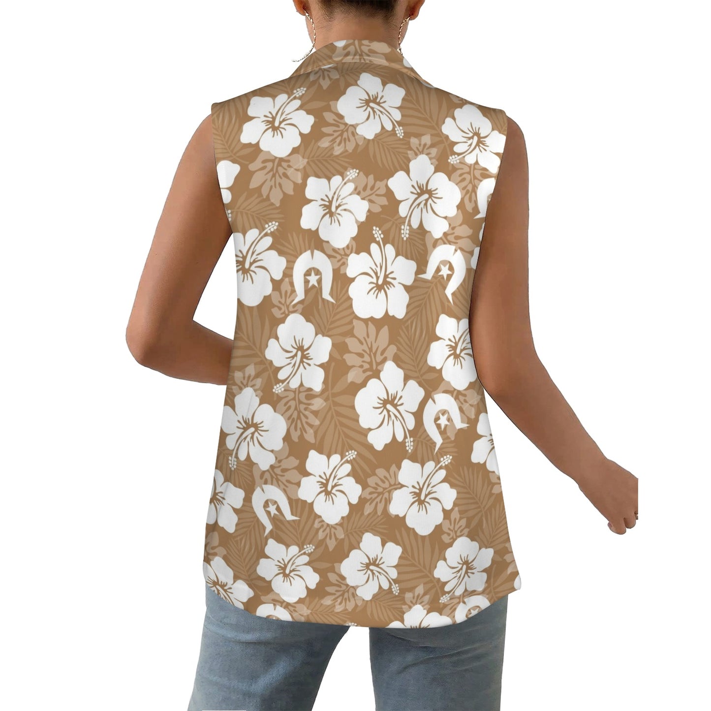 White Hibiscus flowers with Dhari (Brown) on Women Sleeveless Suit Vest