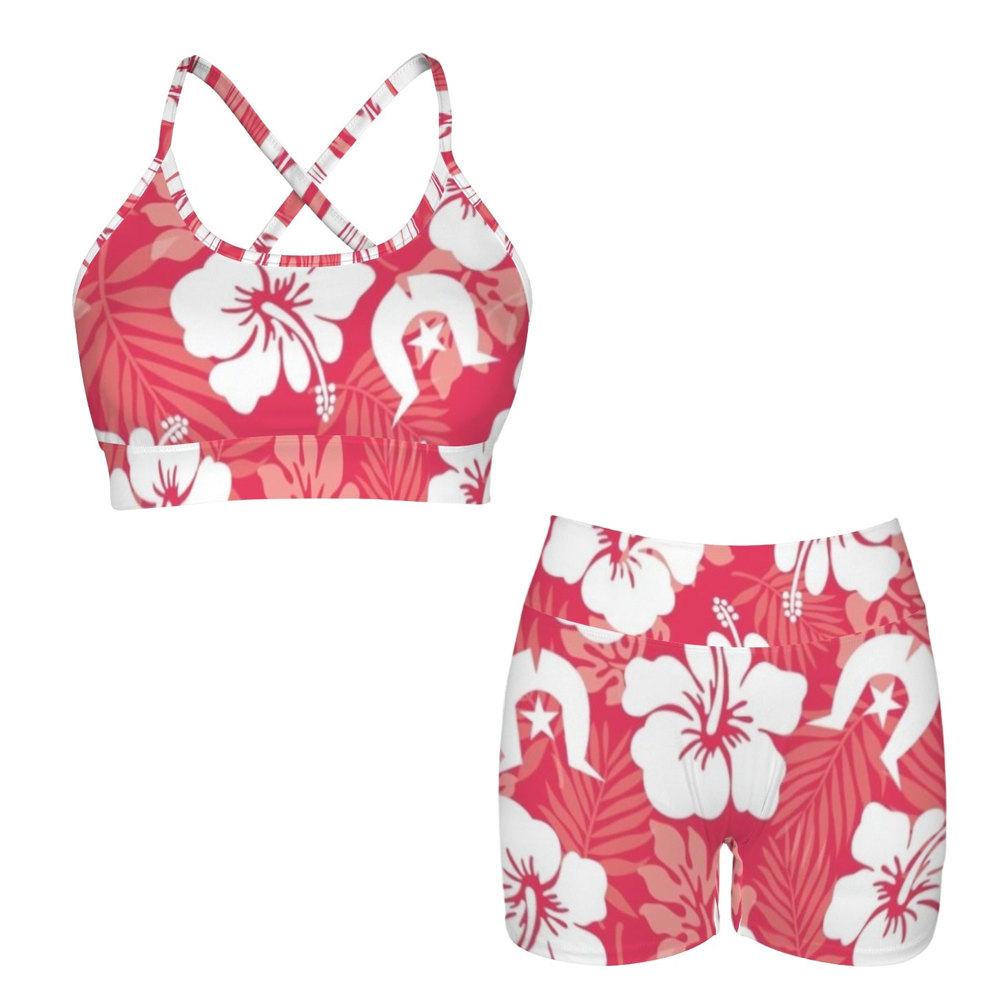 White Hibiscus flowers with Dhari (Red) on Cross Back String Sports Bra & High Waist Shorts Active Sets