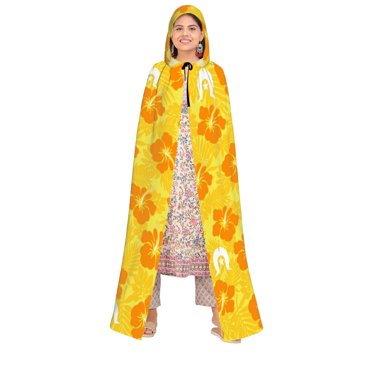 Hibiscus flowers with Dhari (Gold) on Hooded Cloak