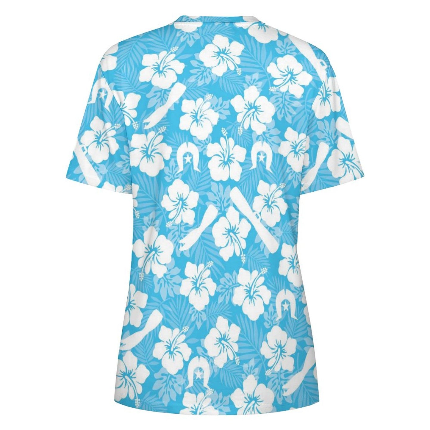White Hibiscus flowers, Warup and Dhari on Cotton Summer Short Sleeve T-Shirts for Women