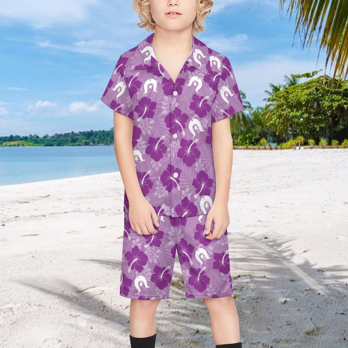 Hibiscus flowers with White Dhari (Royal purple) on Youth's/Kid's Casual Beach Outfit
