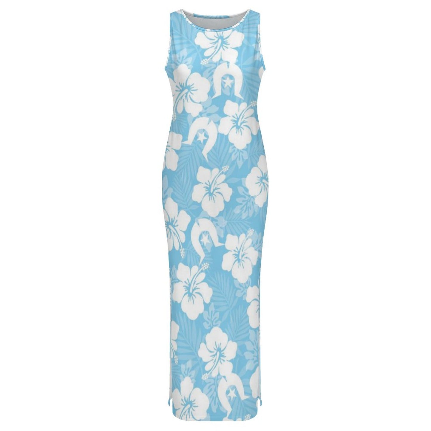 White Hibiscus and Dhari (blue) on 180gsm Slit Fitted Camisole Cheongsam