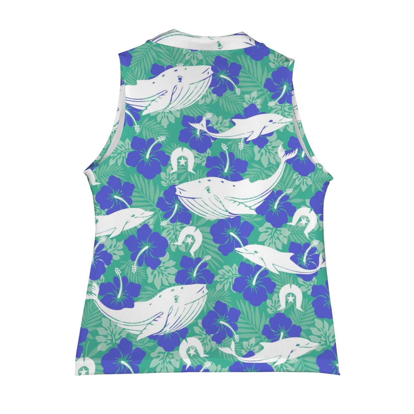 Royal Blue Hibiscus flowers with Whale, Dolphin and Dhari on Women Sleeveless Suit Vest