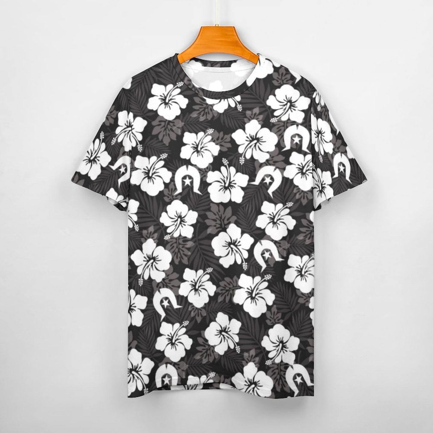 White Hibiscus and Dhari (Black) on Cotton Summer Short Sleeve T-Shirts for Women