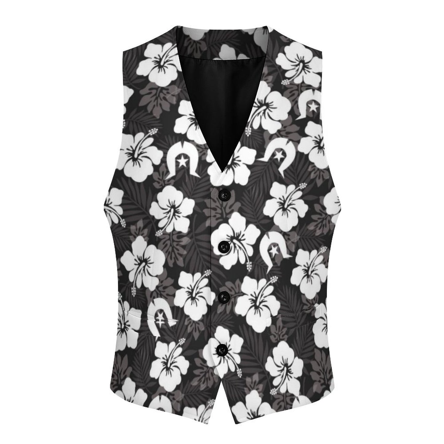 White Hibiscus and Dhari (Black) on Men's Sleeveless Suit Vest