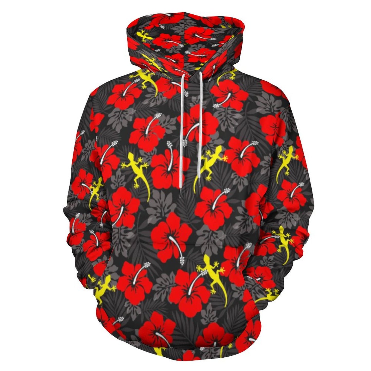 Royal Red Hibiscus flowers with Gecko on Men's Cool Hoodie with Double-layer Cap