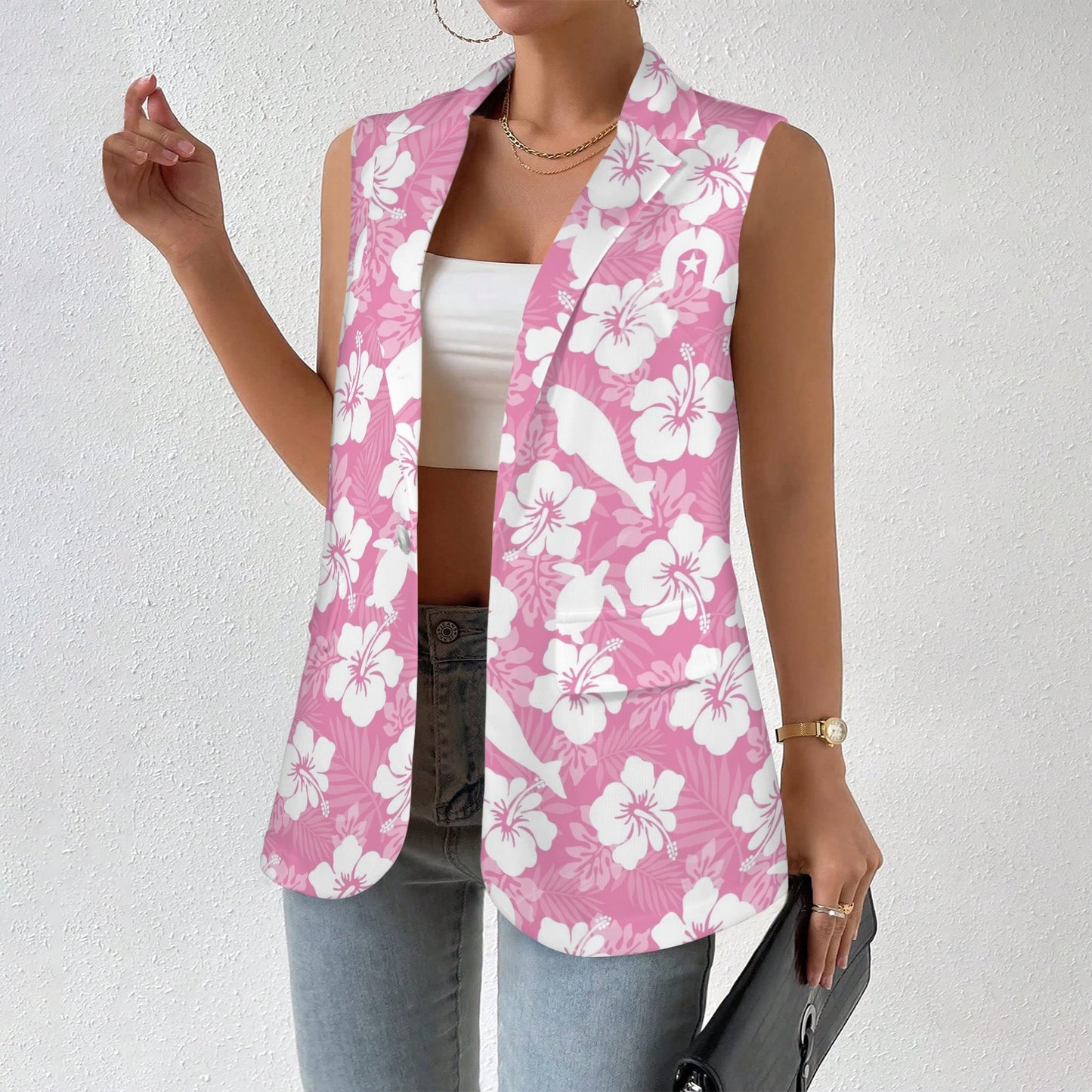 White Hibiscus flowers with Dugong, Turtle and Dhari on Women Sleeveless Suit Vest