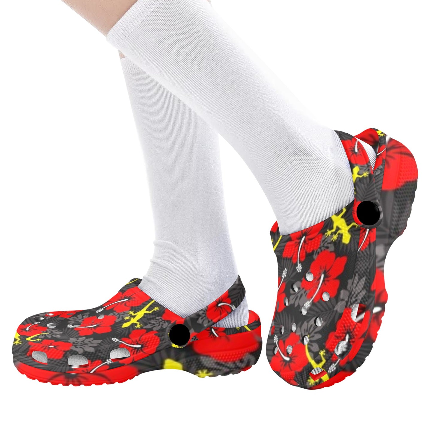 Royal Red Hibiscus flowers with Gecko on Kids Clogs
