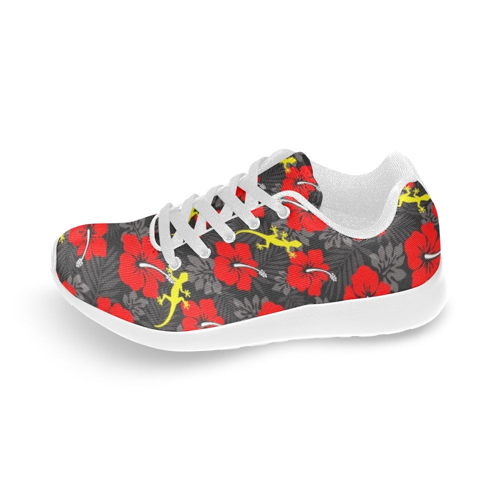 Royal Red Hibiscus flowers with Gecko on Kid's Sneakers