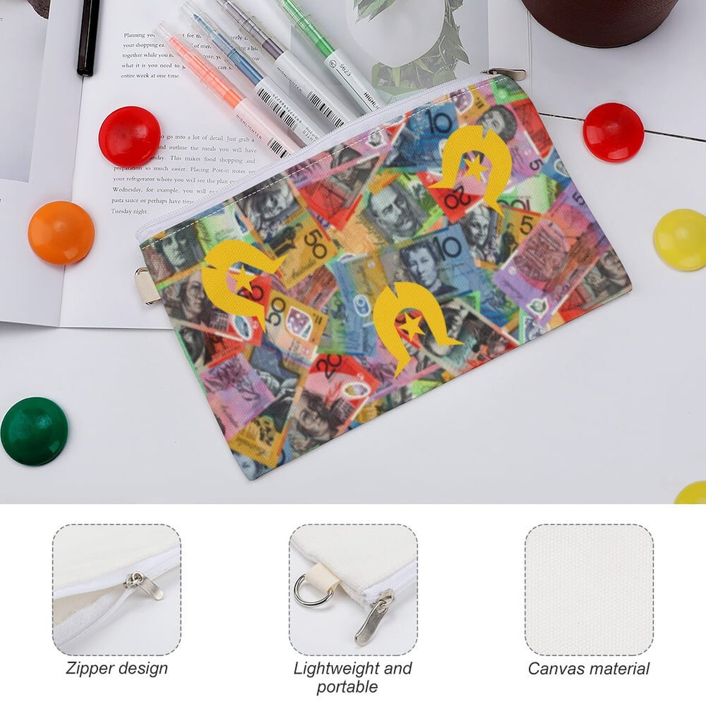 Gold coloured Dhari with Australian money on Canvas Wallets