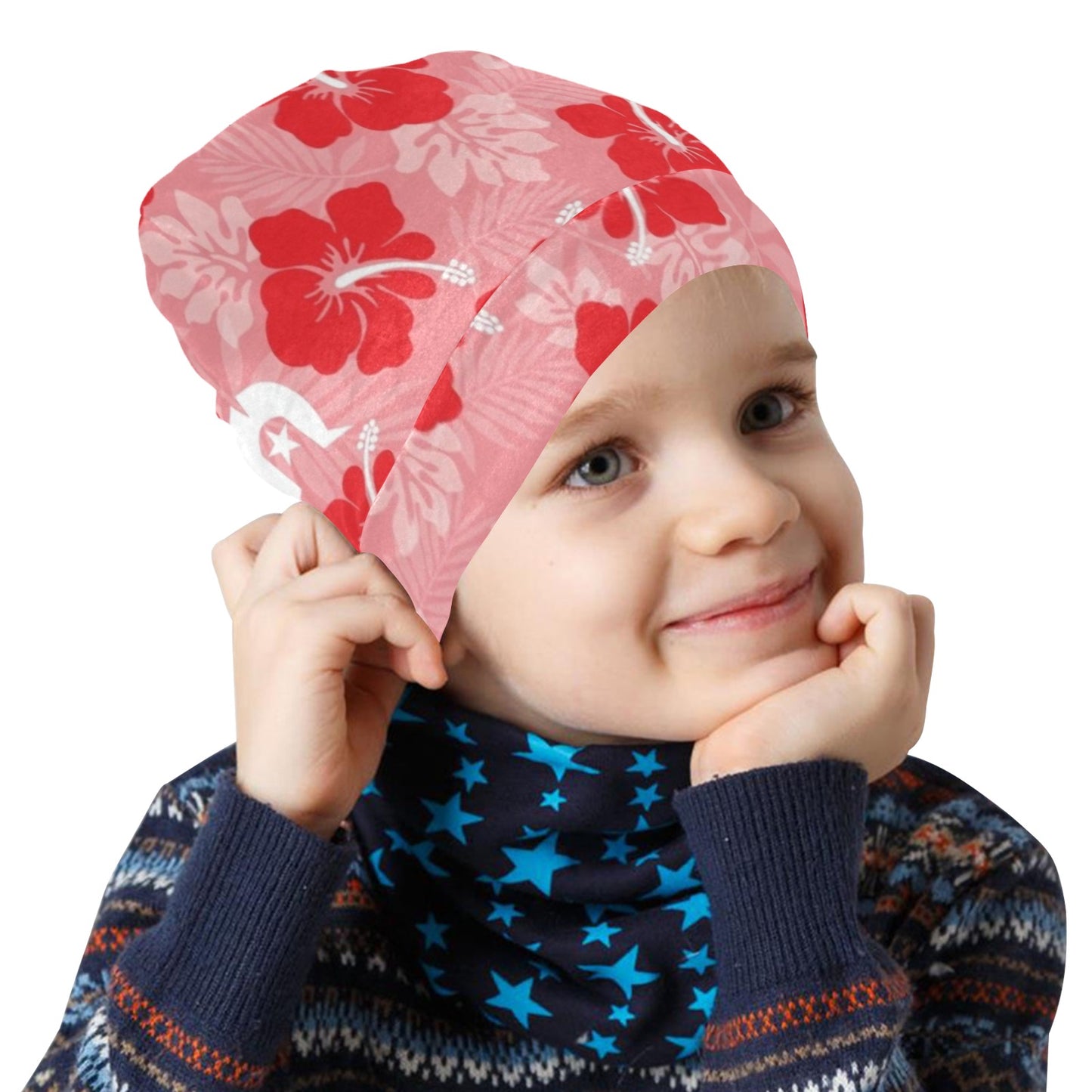 Hibiscus flowers with Dhari (Royal Pink) on Beanie for Kids