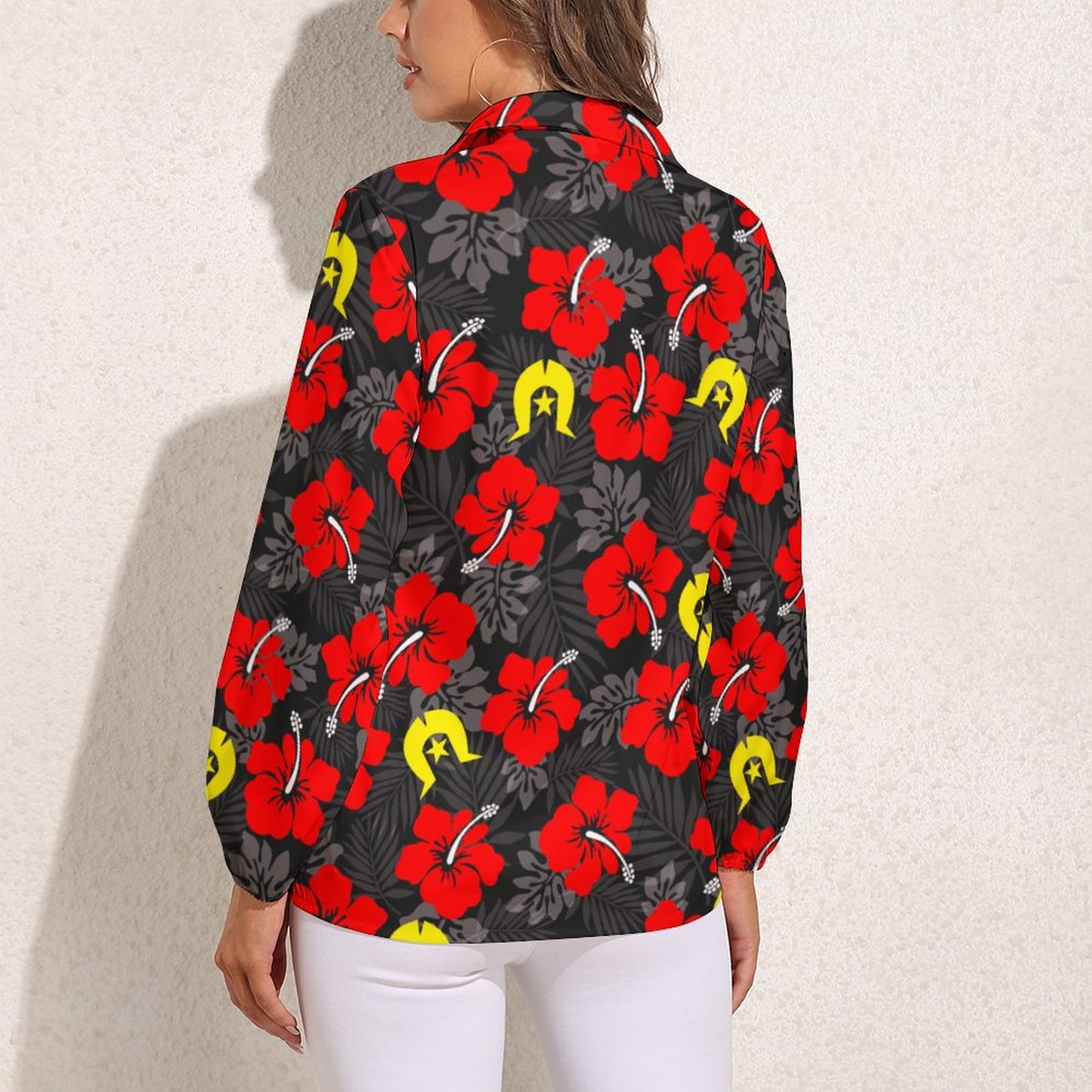 Royal Red Hibiscus with Yellow Dhari on Casual Long Sleeve Vintage Tour Shirt