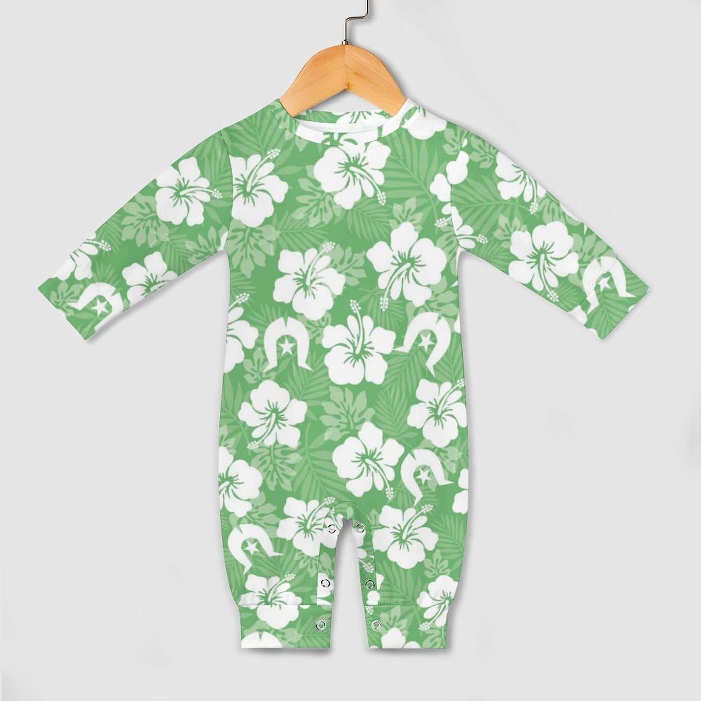 White Hibiscus flowers with Dhari (Green) on Baby Romper QLR (All-Over Printing)