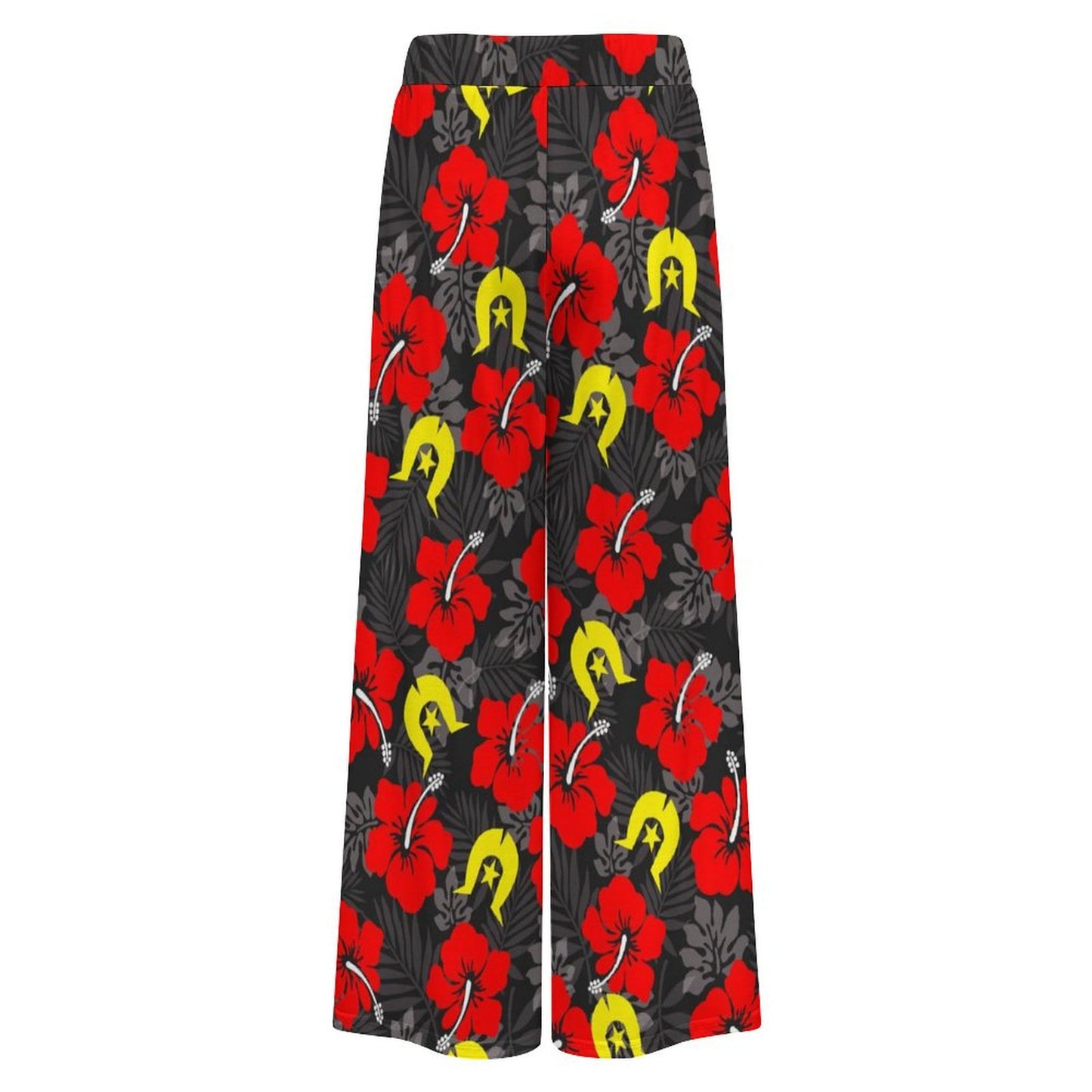 Royal Red Hibiscus with Yellow Dhari on Women’s Wide-Leg Pants