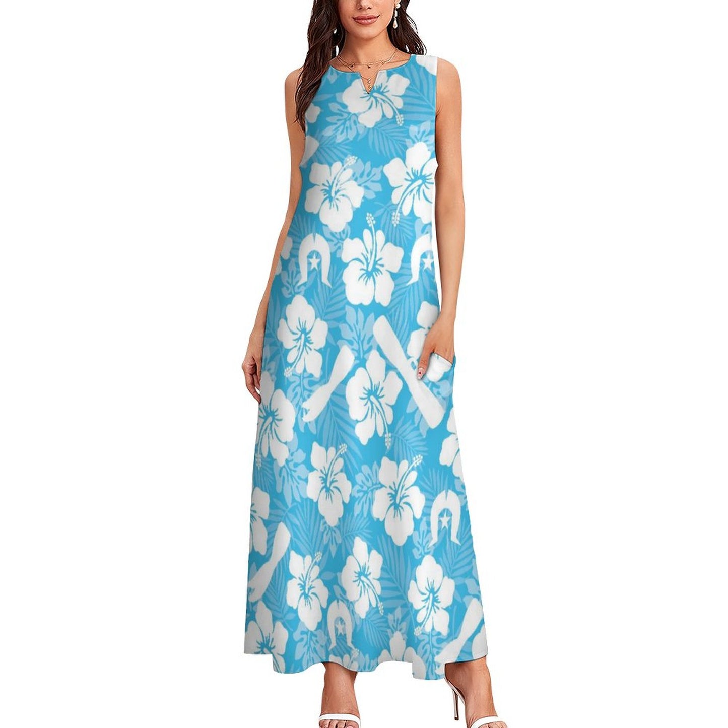 White Hibiscus flowers, Warup and Dhari on Sleeveless Ankle-length Dress