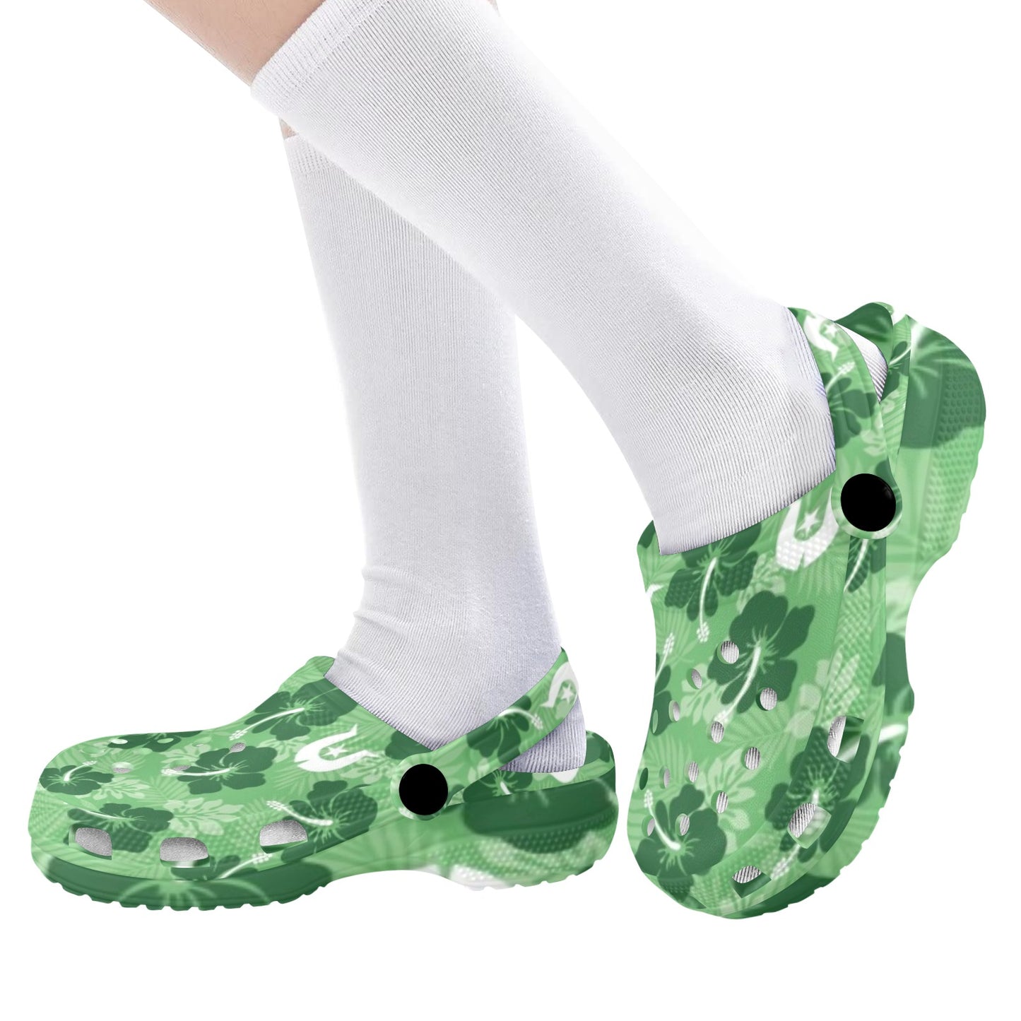 Hibiscus flowers with Dhari (Sea Grass Green) on Kids Clogs