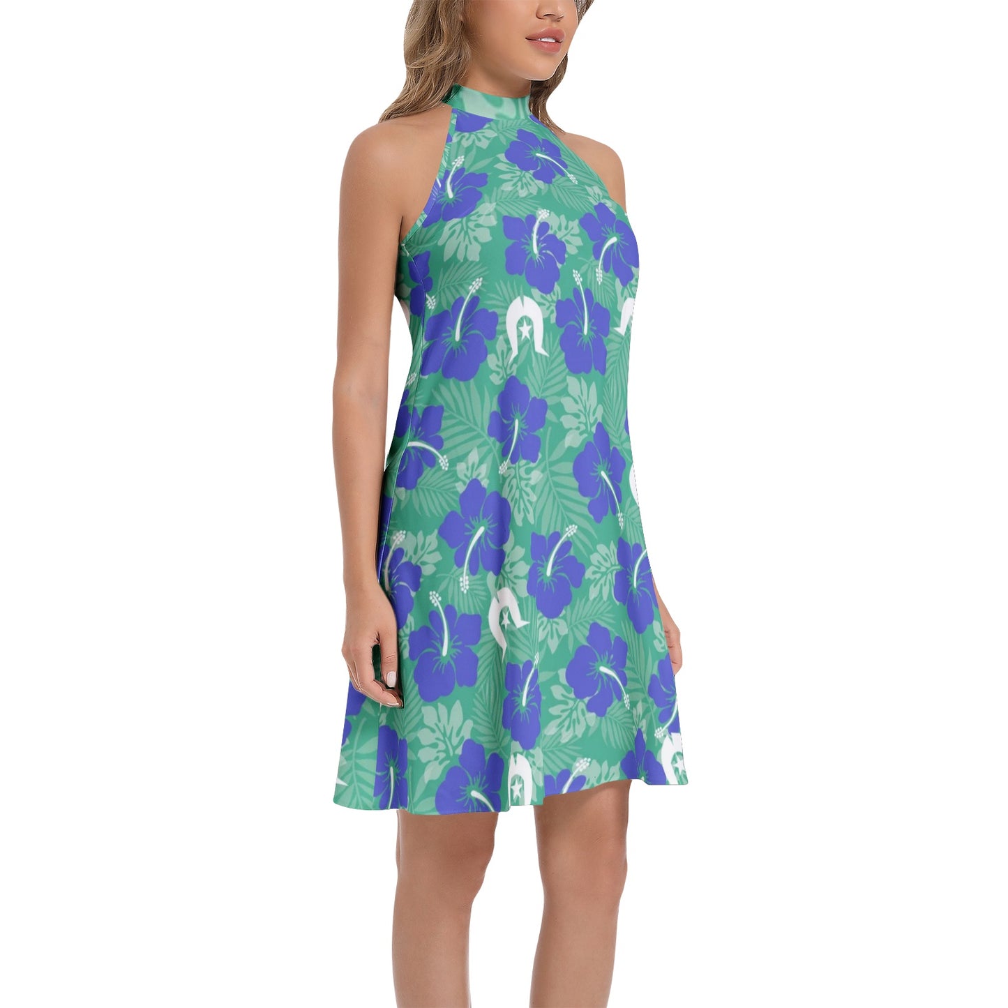 Royal Blue Hibiscus flowers with Dhari on Tie Back Halter Neck Flared Dress