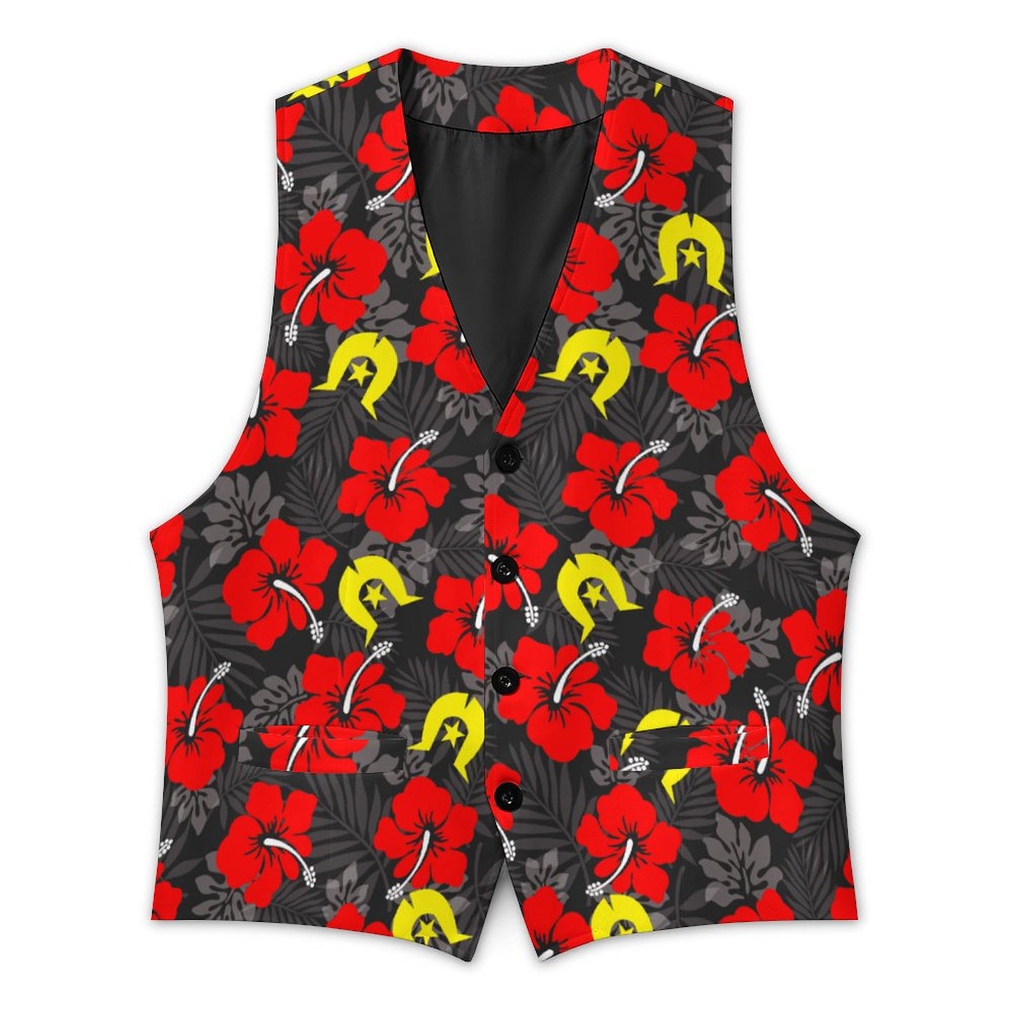 Royal Red Hibiscus with Yellow Dhari on Men's Sleeveless Suit Vest