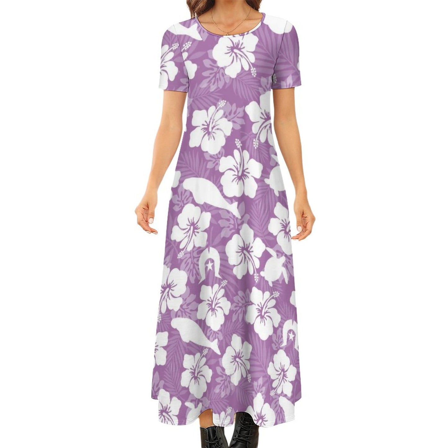 White Hibiscus flowers with Dugong, Turtle and Dhari on Round Neck Short Sleeve Dress