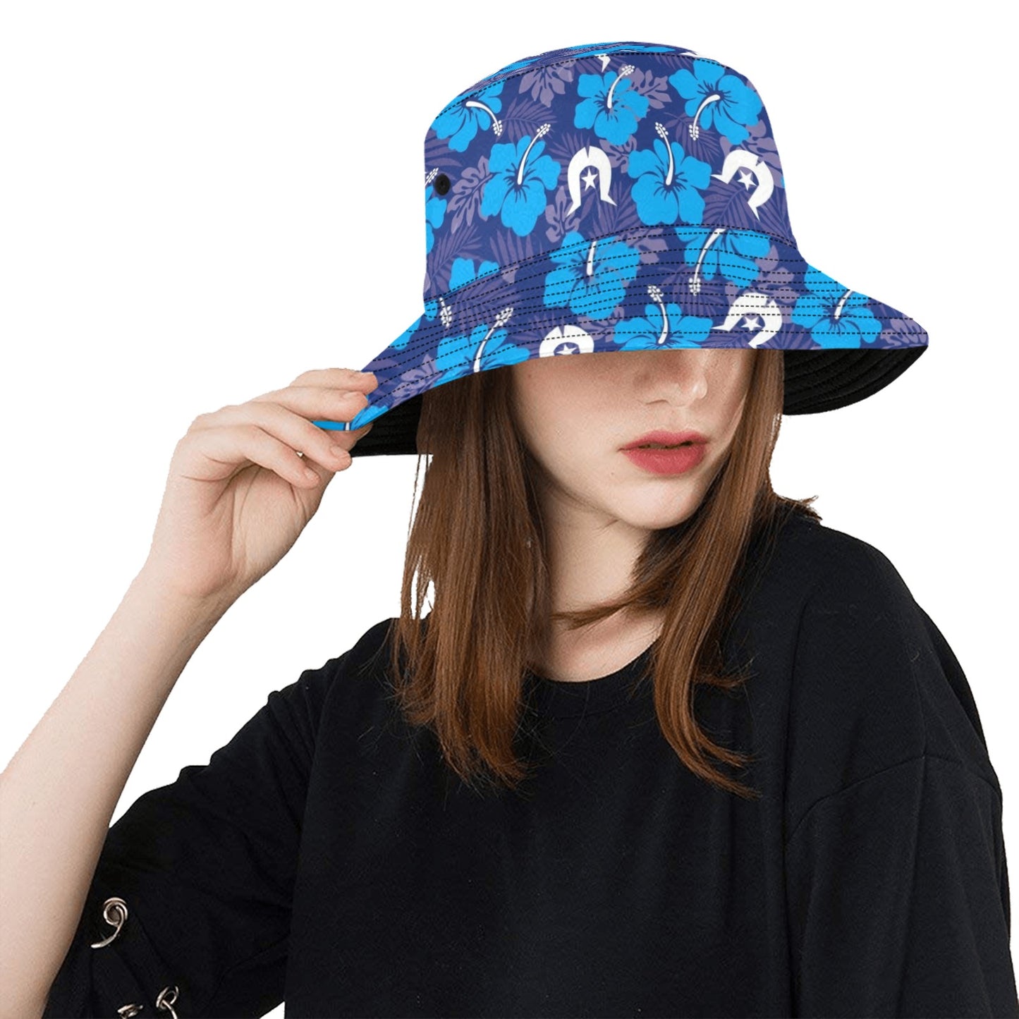Hibiscus flowers with Dhari (Royal blue) on Unisex Summer Single-Layer Bucket Hat