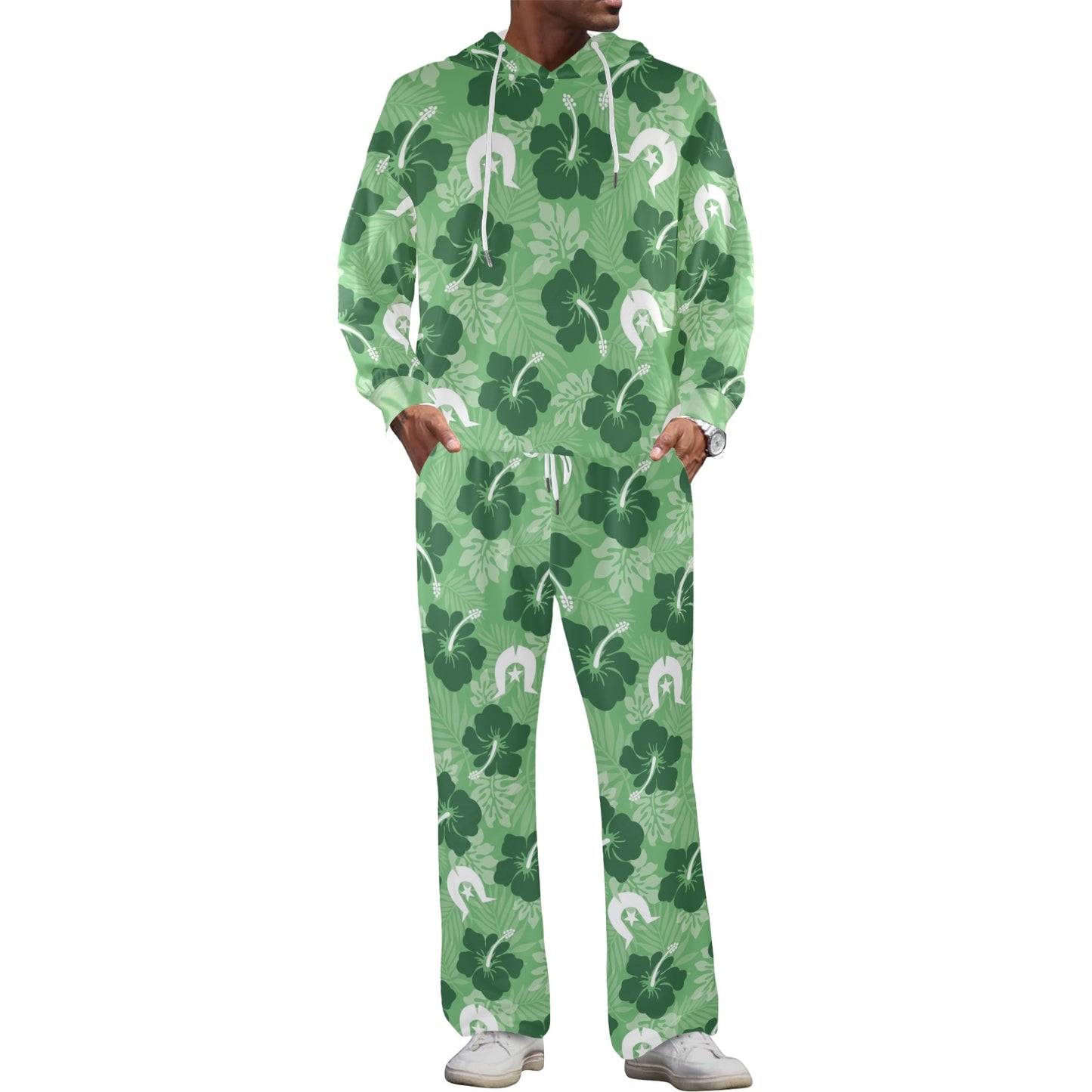 Hibiscus flowers with Dhari (Sea Grass Green) on Men's Streetwear Oversized Flared Tracksuit
