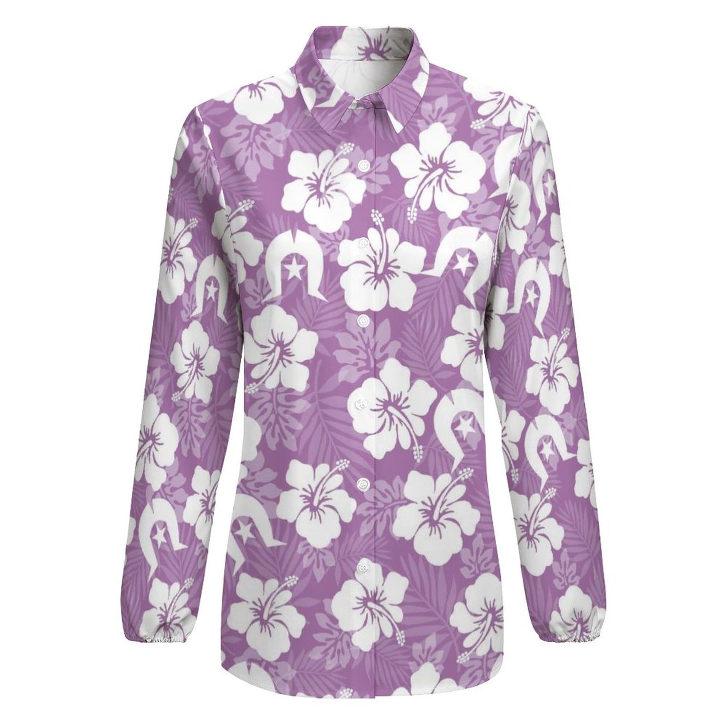 White Hibiscus and Dhari (Purple) on Casual Long Sleeve Vintage Tour Shirt