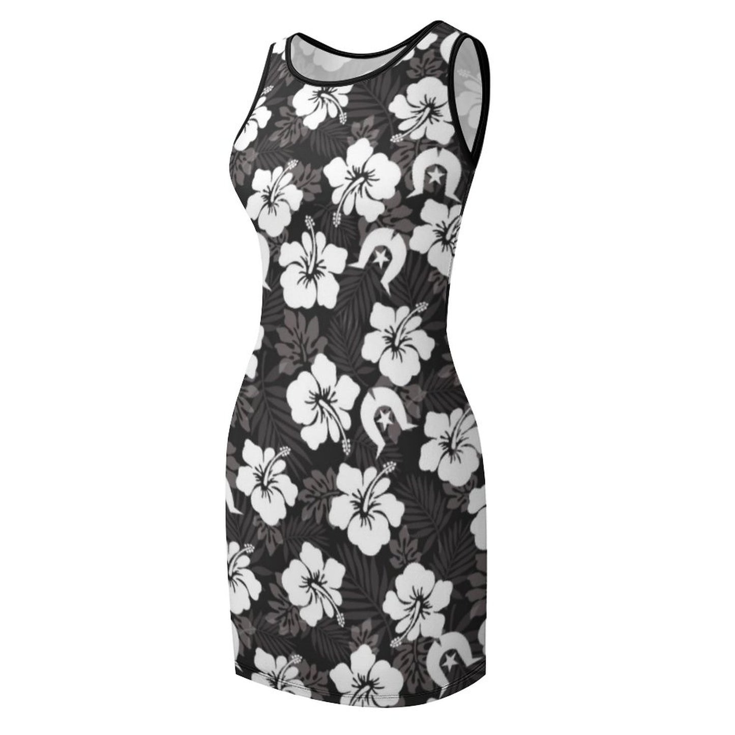 White Hibiscus and Dhari (Black) on Sleeveless Ladies Tank Dress
