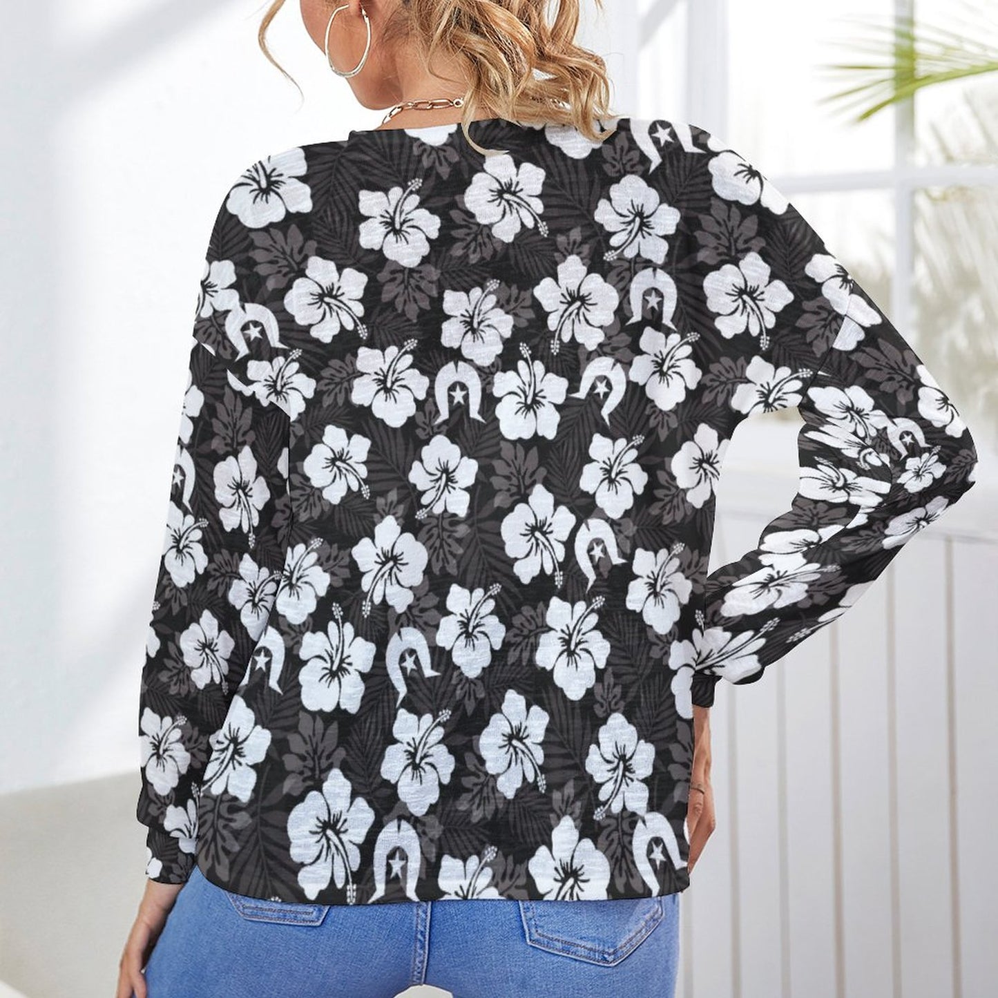 White Hibiscus and Dhari (Black) on Long Sleeve Drop Shoulder Open Shirt