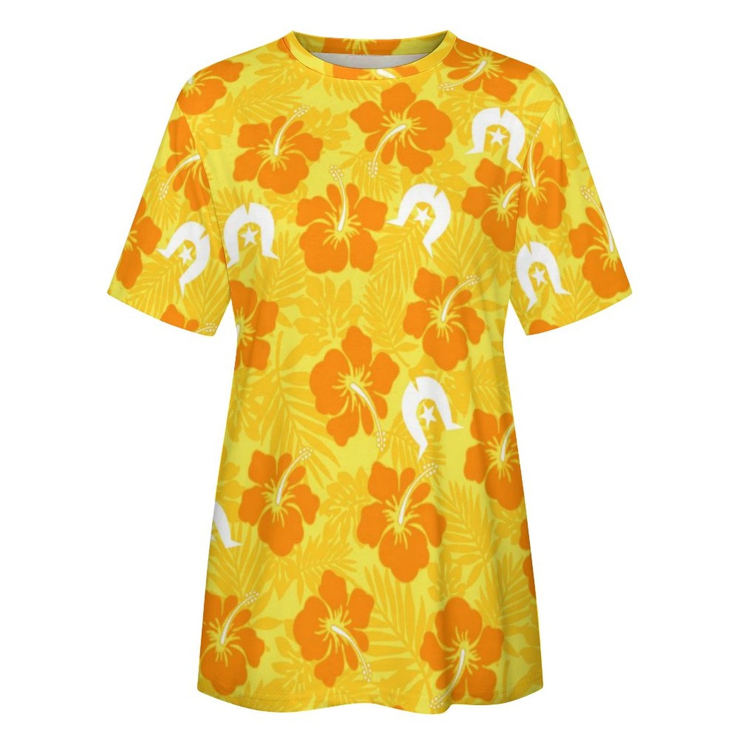 Hibiscus flowers with Dhari (Gold) on Cotton Summer Short Sleeve T-Shirts for Women