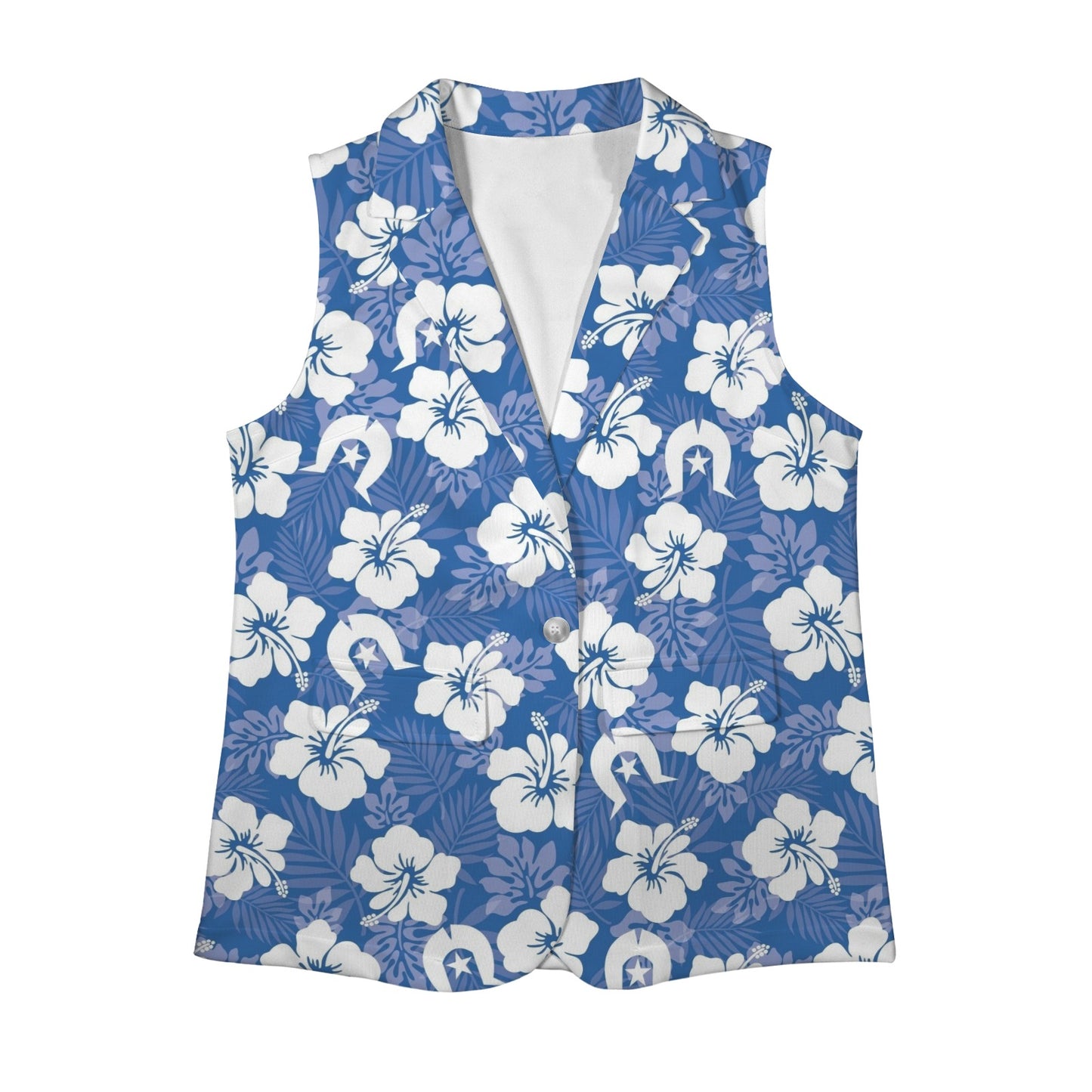 White Hibiscus flowers with Dhari (Blue) on Women Sleeveless Suit Vest