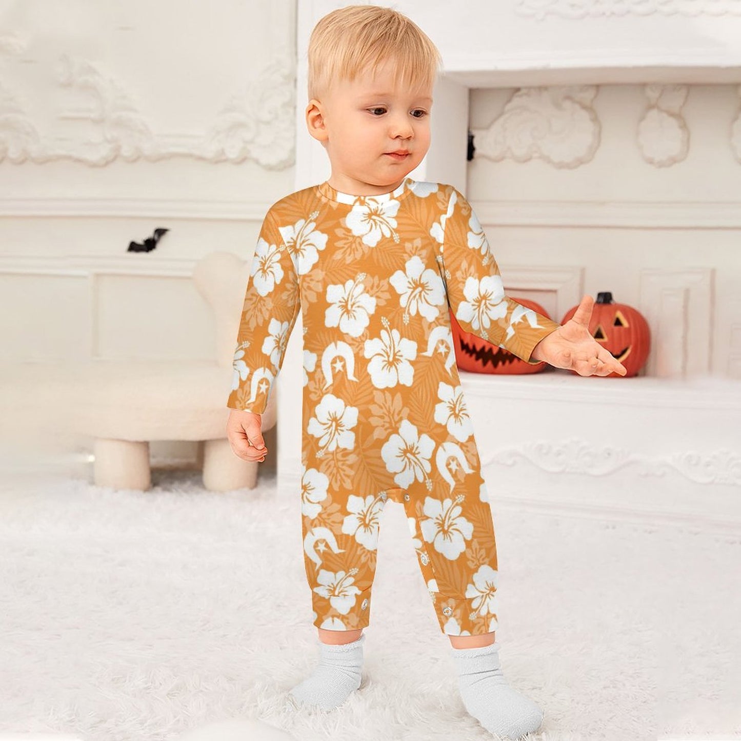 White Hibiscus flowers with Dhari (Orange) on Baby Romper QLR (All-Over Printing)
