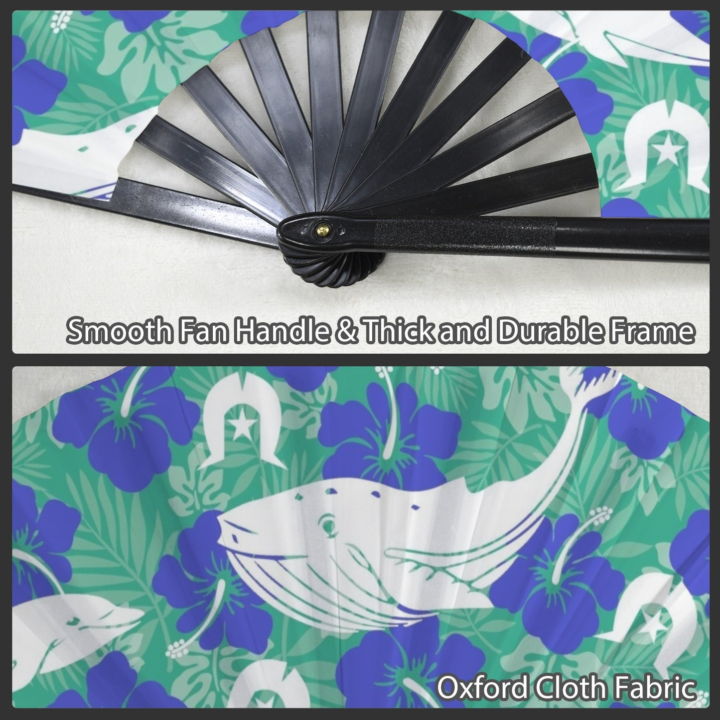 Royal Blue Hibiscus flowers with Whale, Dolphin and Dhari on Folding Clack Fan