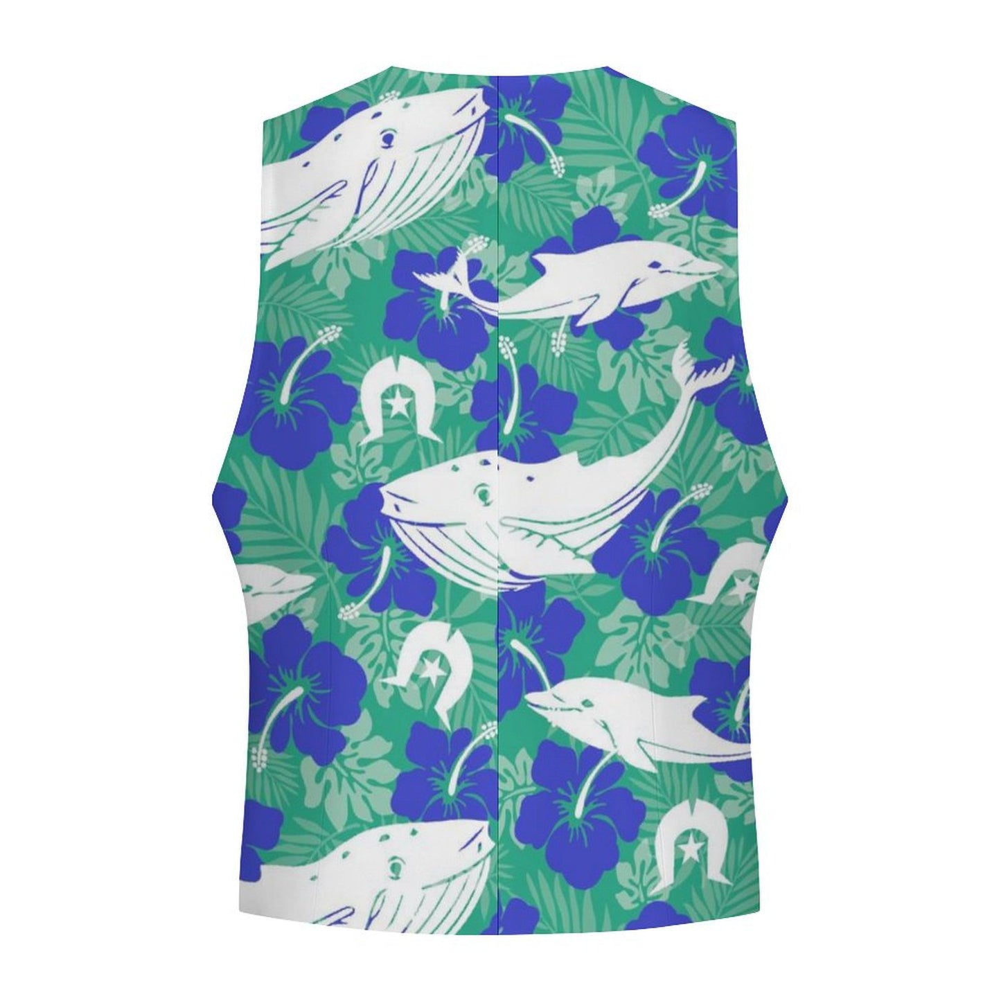 Royal Blue Hibiscus flowers with Whale, Dolphin and Dhari on Men's Sleeveless Suit Vest